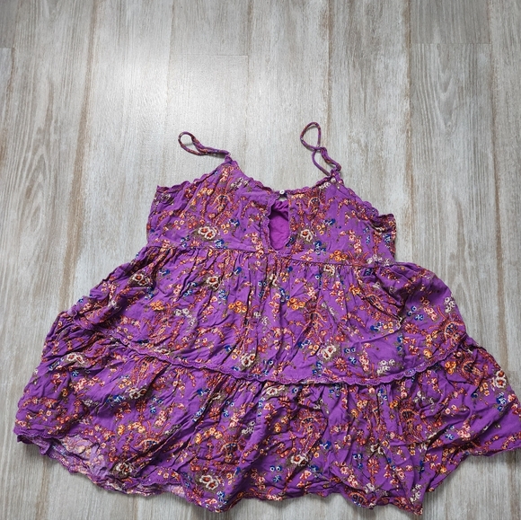 Urban Outfitters Babydoll Mini Dress Tiered Keyhole Lined Purple Floral Sz XL - Picture 9 of 10